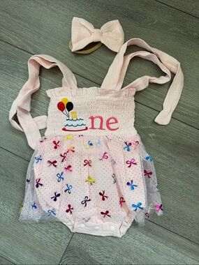 Pink Baby Girls 'One' Tulle Bow Romper with Headband